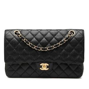 Chanel Coco Mark Caviar Skin Matelasse 25 Double Flap Chain Shoulder Bag Black